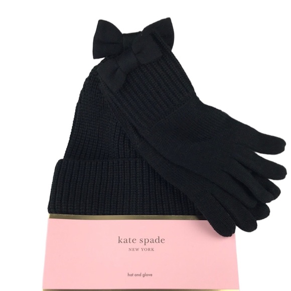 Kate spade - *Host Pick* ‘Bow Beanie & Gloves’. Black. NWT Kate Spade Ribbed Knit Bow Cuff Beanie Stocking Cap White  main image 3
